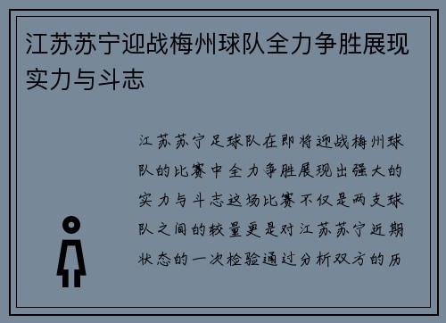 江苏苏宁迎战梅州球队全力争胜展现实力与斗志